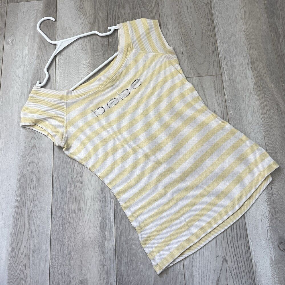 Bebe Striped Top rhinestone off shoulder womens Yellow White (large) y2k vintage